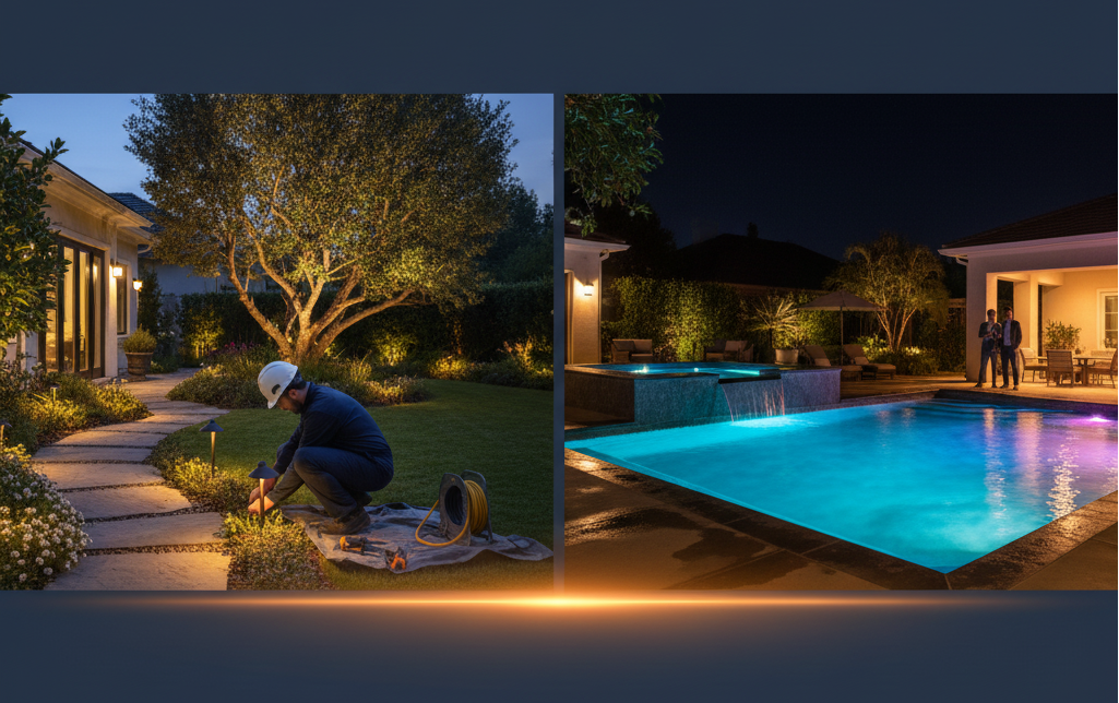 Elegant Low-Voltage Pathway Lights and Submerged Pool Lighting at Dusk